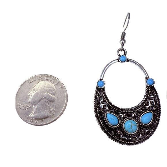 Faux Turquoise Silver Tone Dangle Earrings 2.5" Bohemian Boho Chic Southwestern - Picture 10 of 11